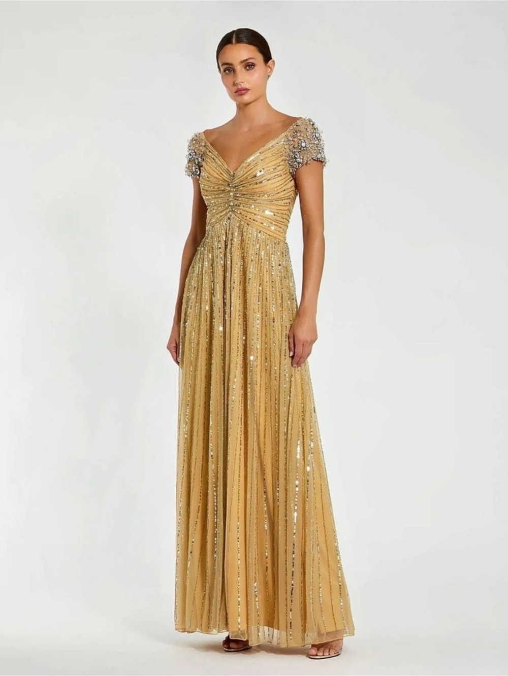 Mac Duggal Gold Embellished V-Neck Cap Sleeve Gown